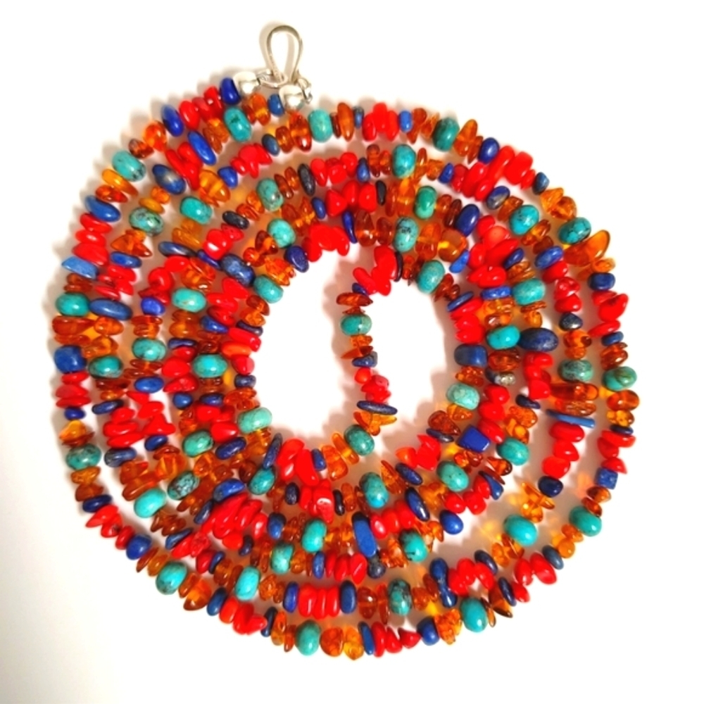 Multi Stone Long Necklace Coral Amber Turquoise Lapis Sterling Silver Clasp